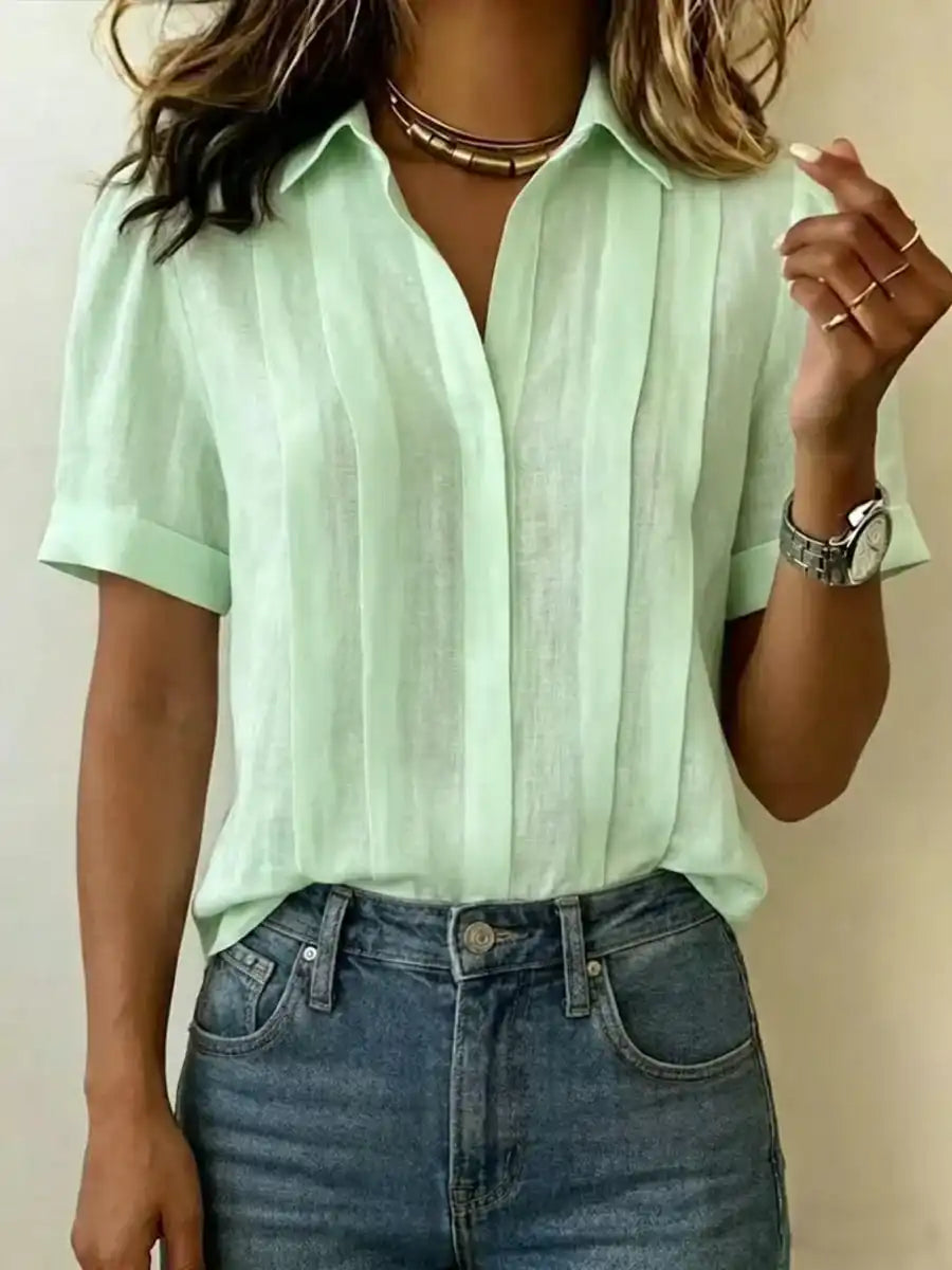 Women's Lapel Short-Sleeved Casual Loose Pleated Cotton and Linen Shirt