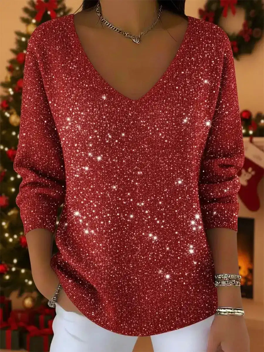 Women's V-Neck Solid Color Loose Shiny Sweater