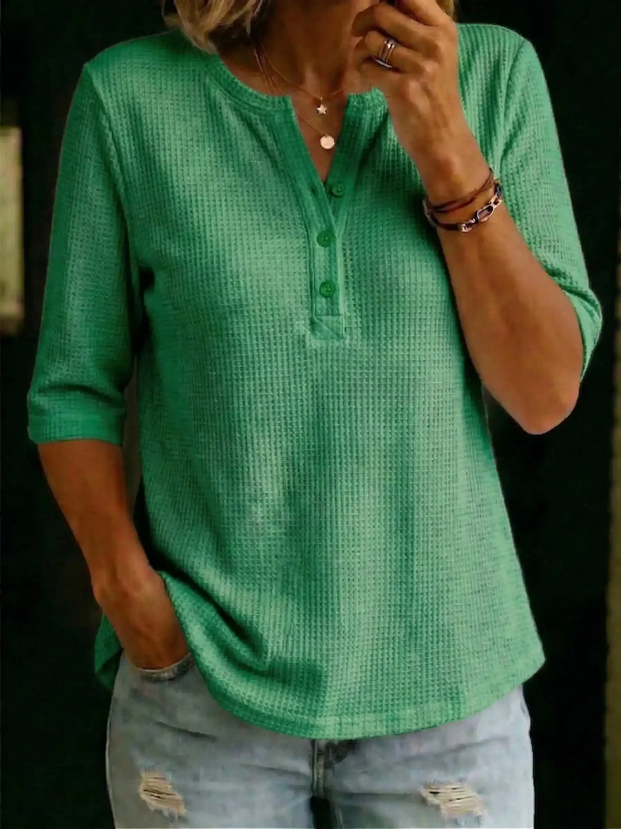 New Arrivalsđ„ Womenâs Casual Henley Waffle-knit T-shirt