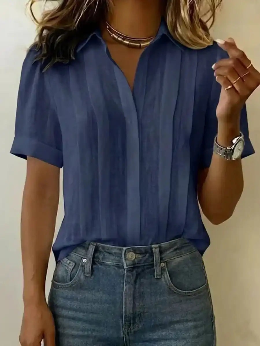 Women's Lapel Short-Sleeved Casual Loose Pleated Cotton and Linen Shirt