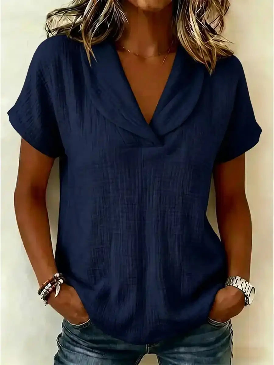 Women's Peter Pan Collar V-Neck Short-Sleeve Cotton-Linen Top