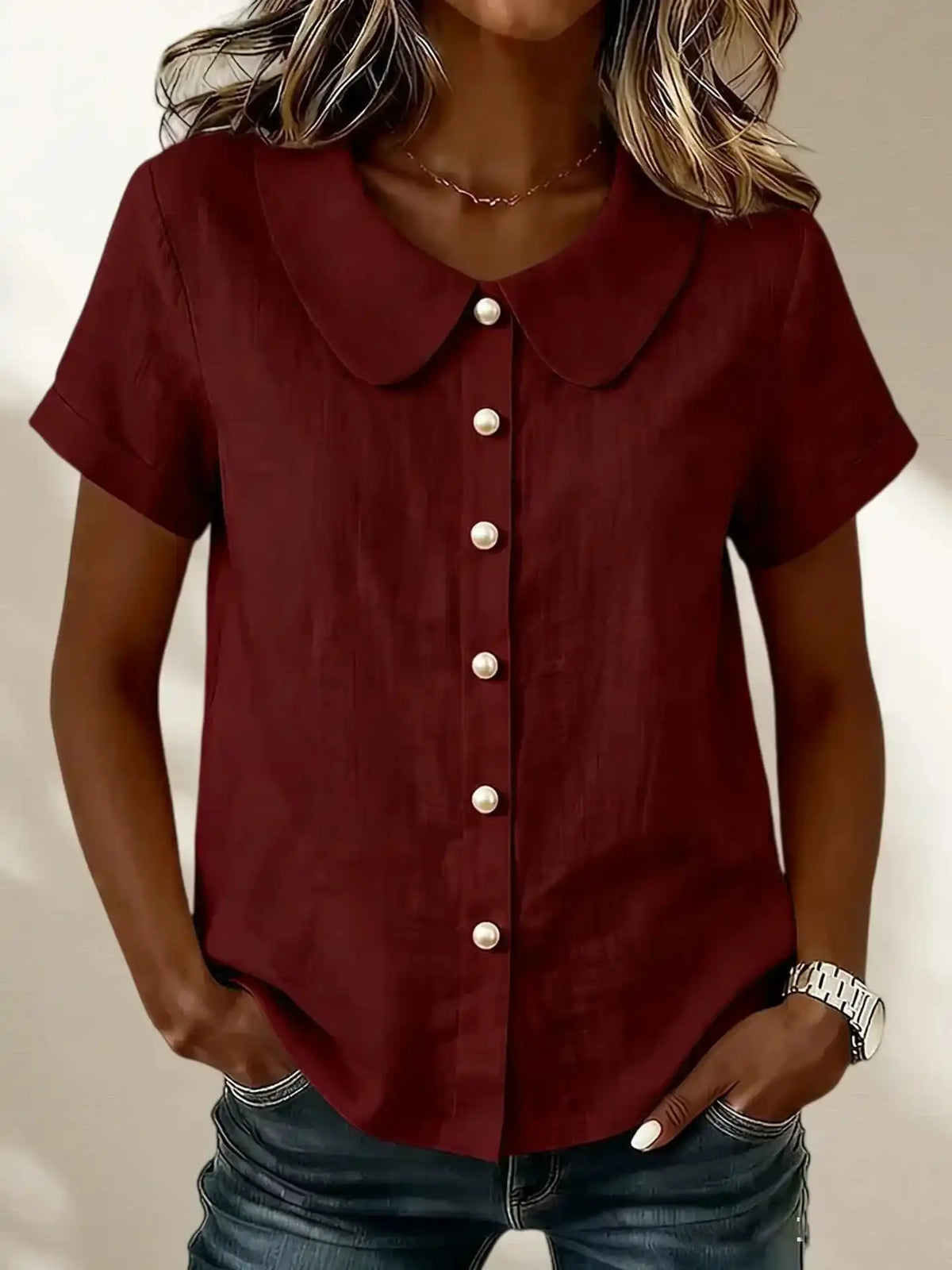 Women's Peter Pan Collar Casual Button-Up Cotton Linen Top