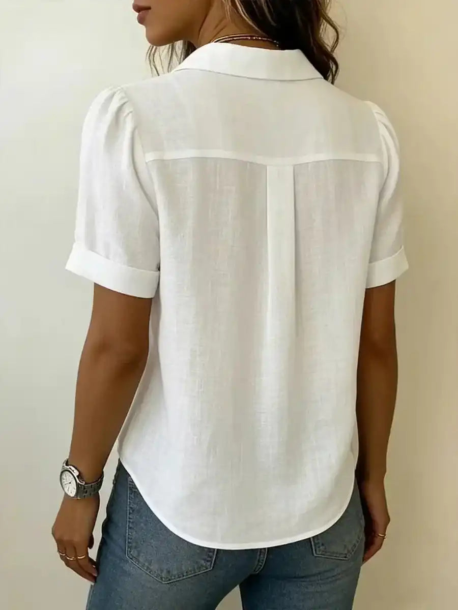 Women's Lapel Short-Sleeved Casual Loose Pleated Cotton and Linen Shirt