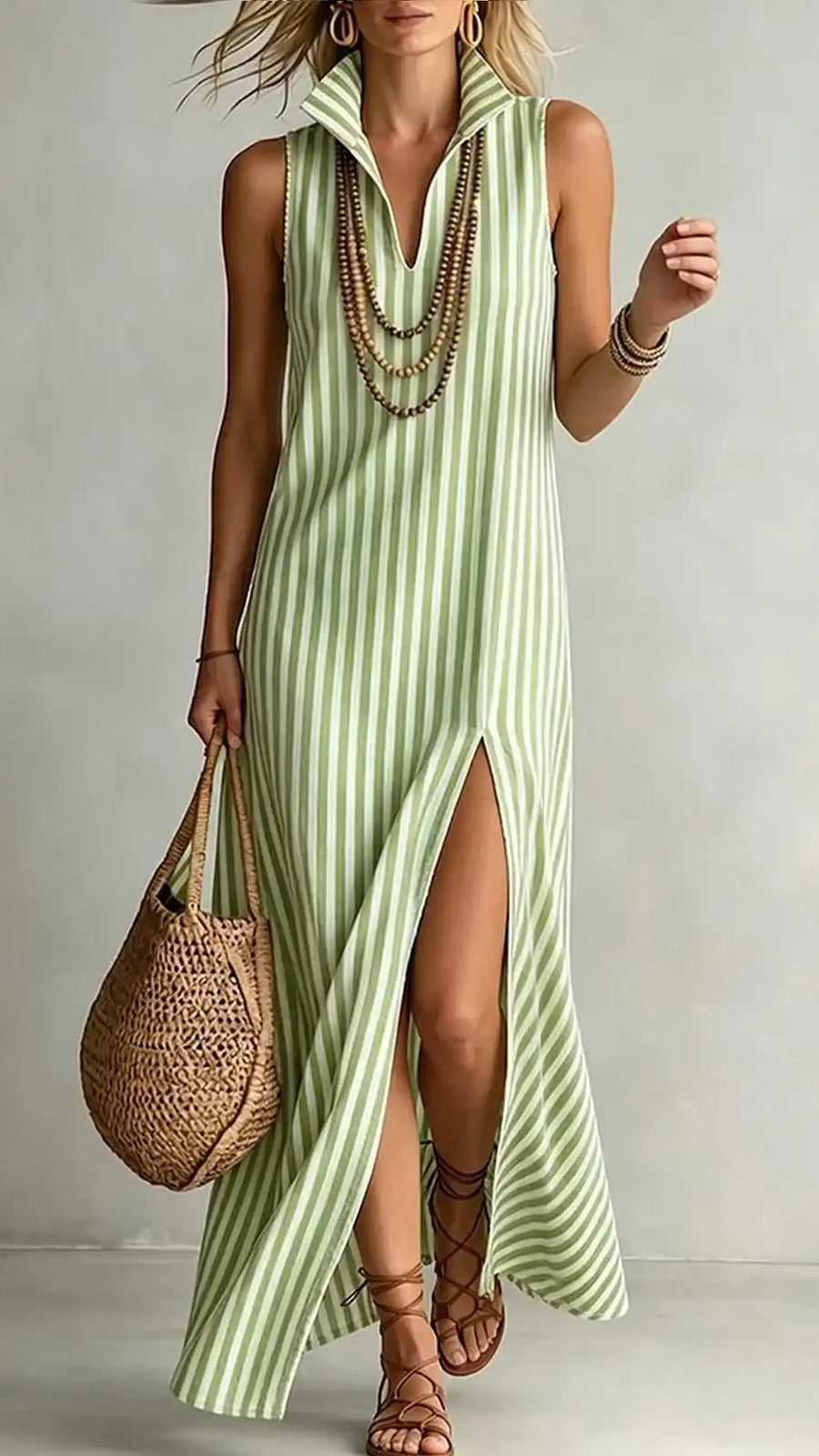 Women's Striped Sleeveless Shirt-Collar V-Neck Dress, Light Blue Edition