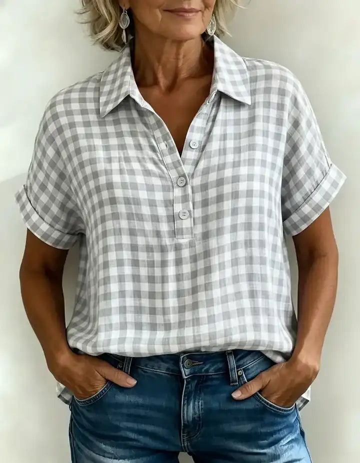 Classic Gingham Cotton-Linen V-Neck Button-Front Blouse