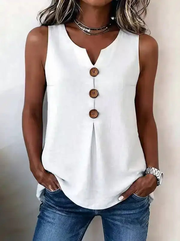 Three Button Sleeveless Solid Color Tank Top