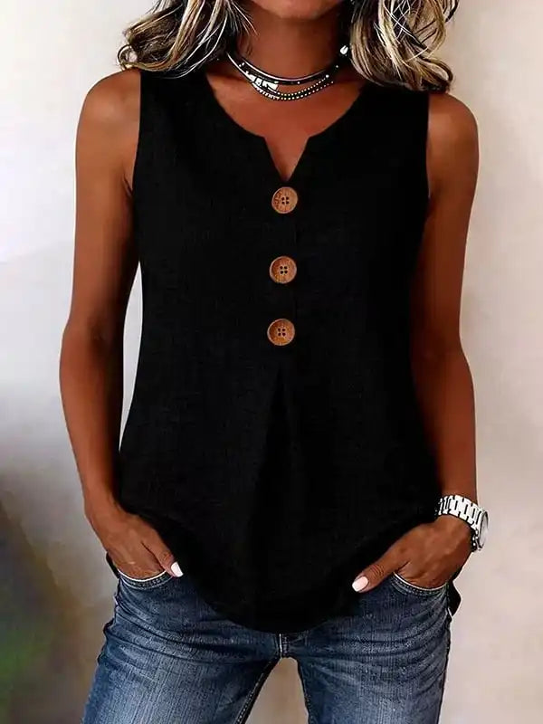 Three Button Sleeveless Solid Color Tank Top