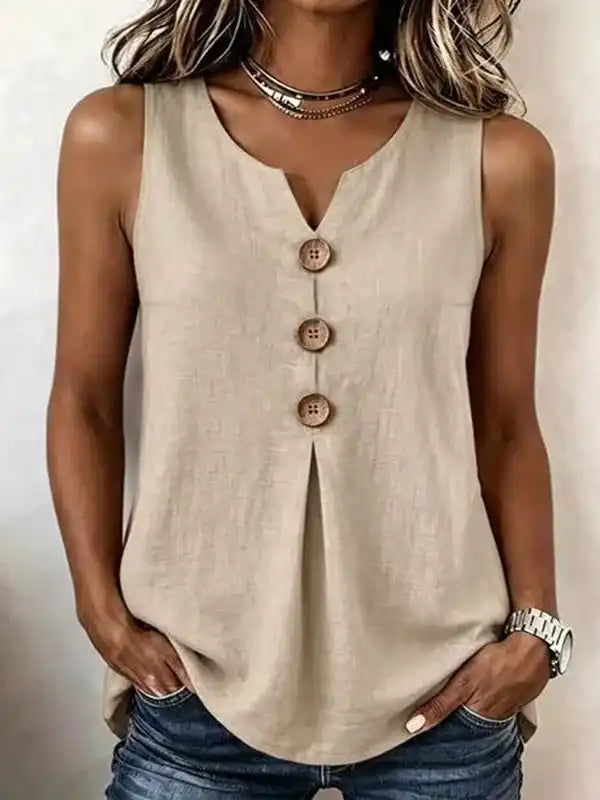Three Button Sleeveless Solid Color Tank Top