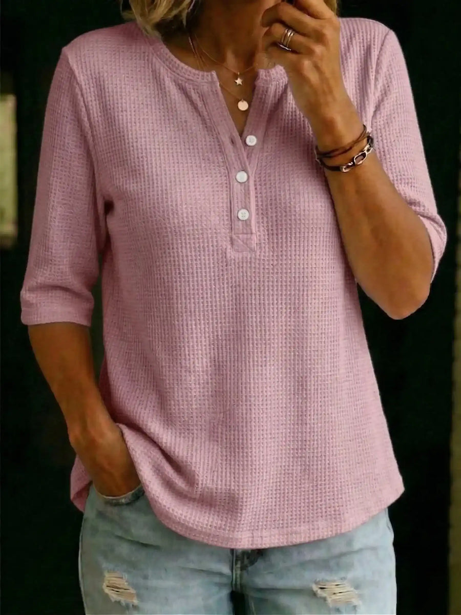 New Arrivalsđ„ Womenâs Casual Henley Waffle-knit T-shirt