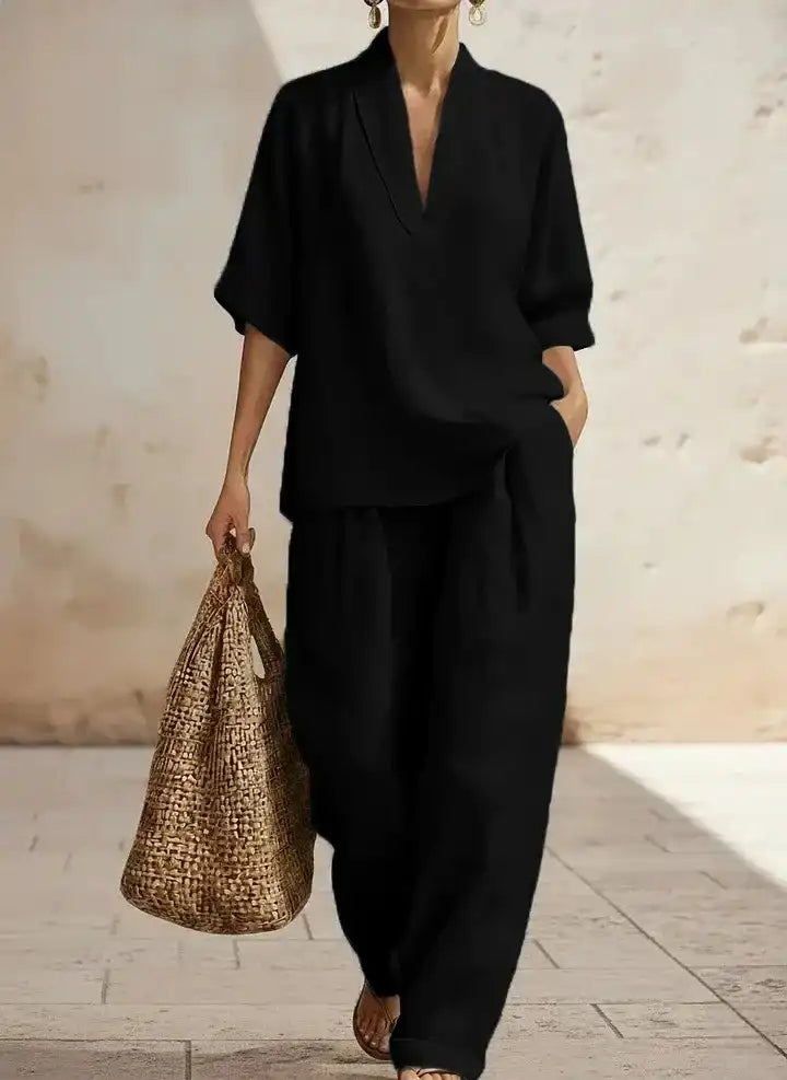 Black linen V-neck top and wide-leg pants set for women, breathable fabric, relaxed fit, plus size