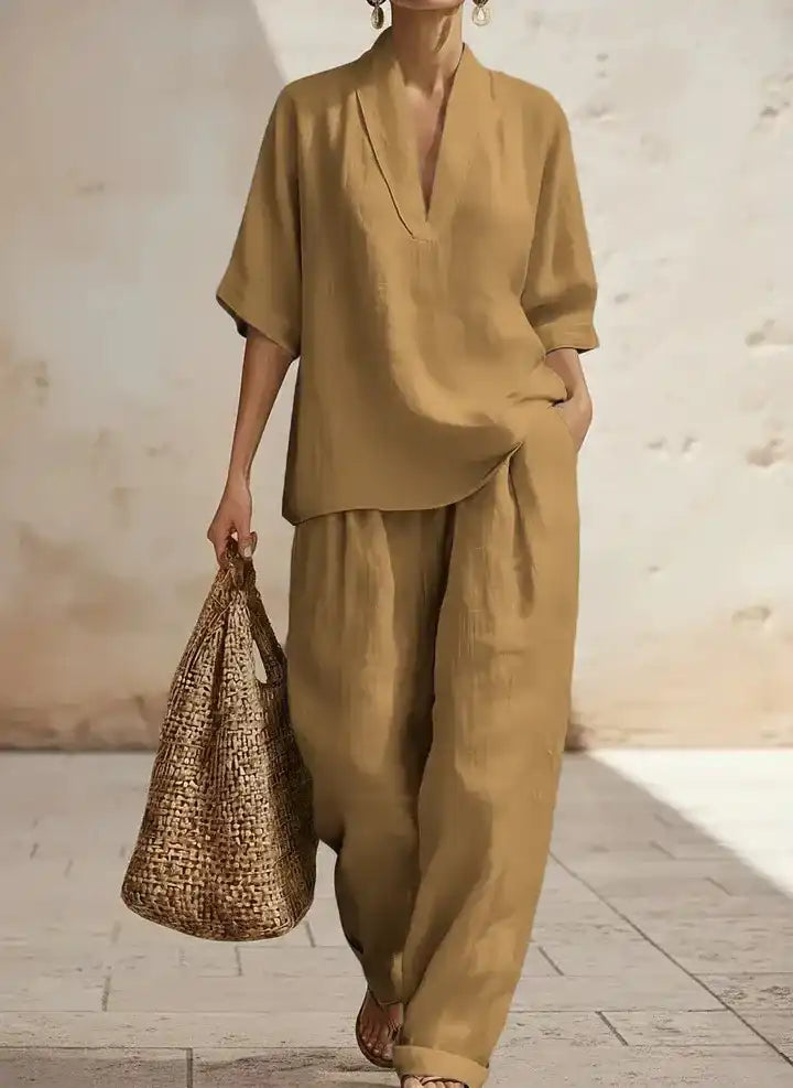 Relaxed fit linen pants and top set for mature women, breathable fabric, plus size clothing