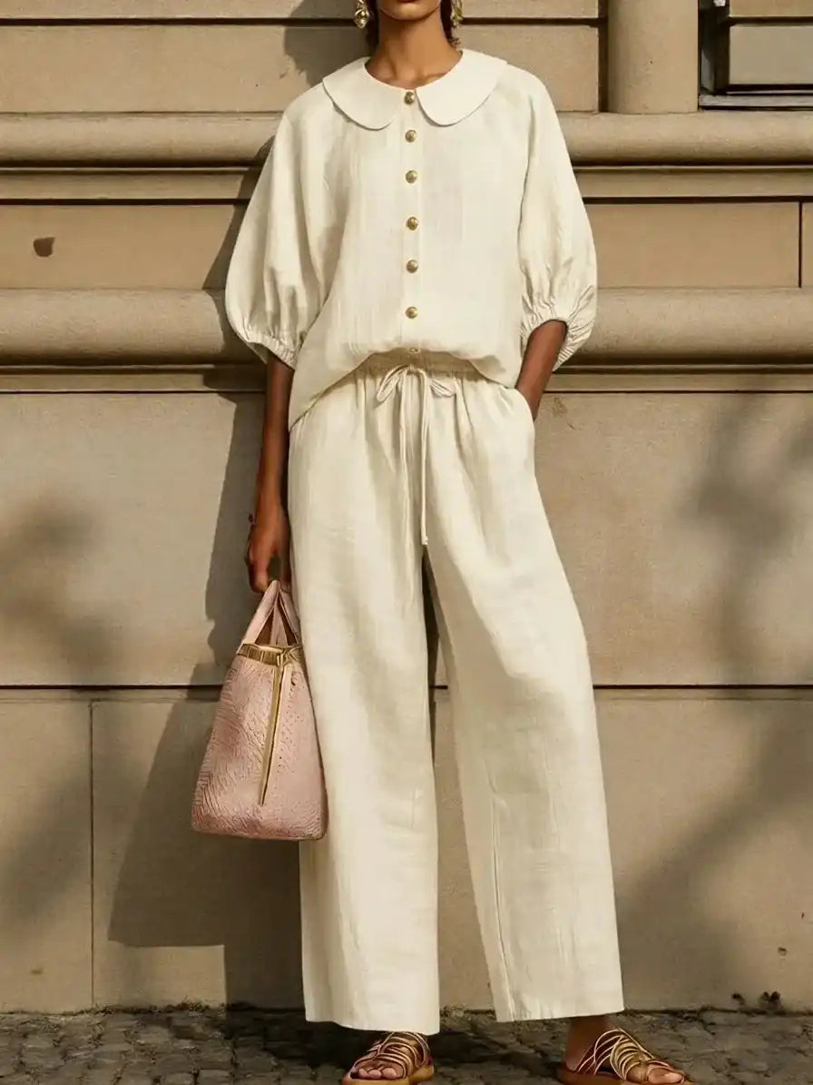 Cream linen blouse with Peter Pan collar and wide-leg pants, stylish plus size outfit for mature women