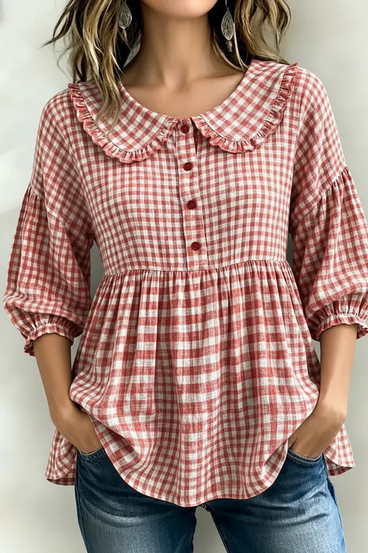 Red and white gingham blouse with ruffled collar, button front, and peplum hem for women's stylish casual wear