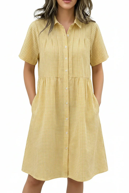 Today 49% off🔥Women’s Cotton Linen Gingham Button-Up Shirt Dress