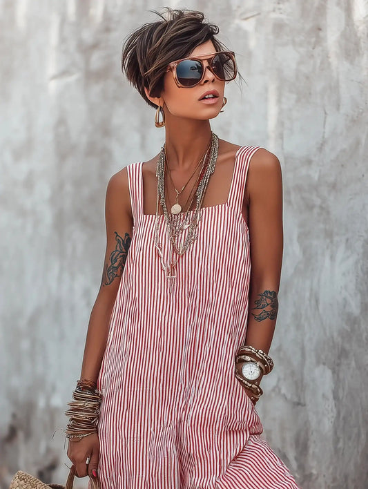 Women's Minimalist Striped Loose-Fit Square-Neck Sleeveless Jumpsuit
