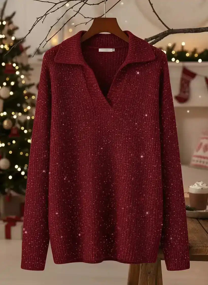 Christmas Party Polo Collar Shiny Loose Sweater Top