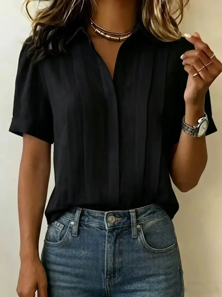 Women's Lapel Short-Sleeved Casual Loose Pleated Cotton and Linen Shirt