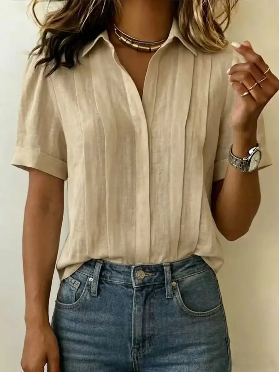Women's Lapel Short-Sleeved Casual Loose Pleated Cotton and Linen Shirt