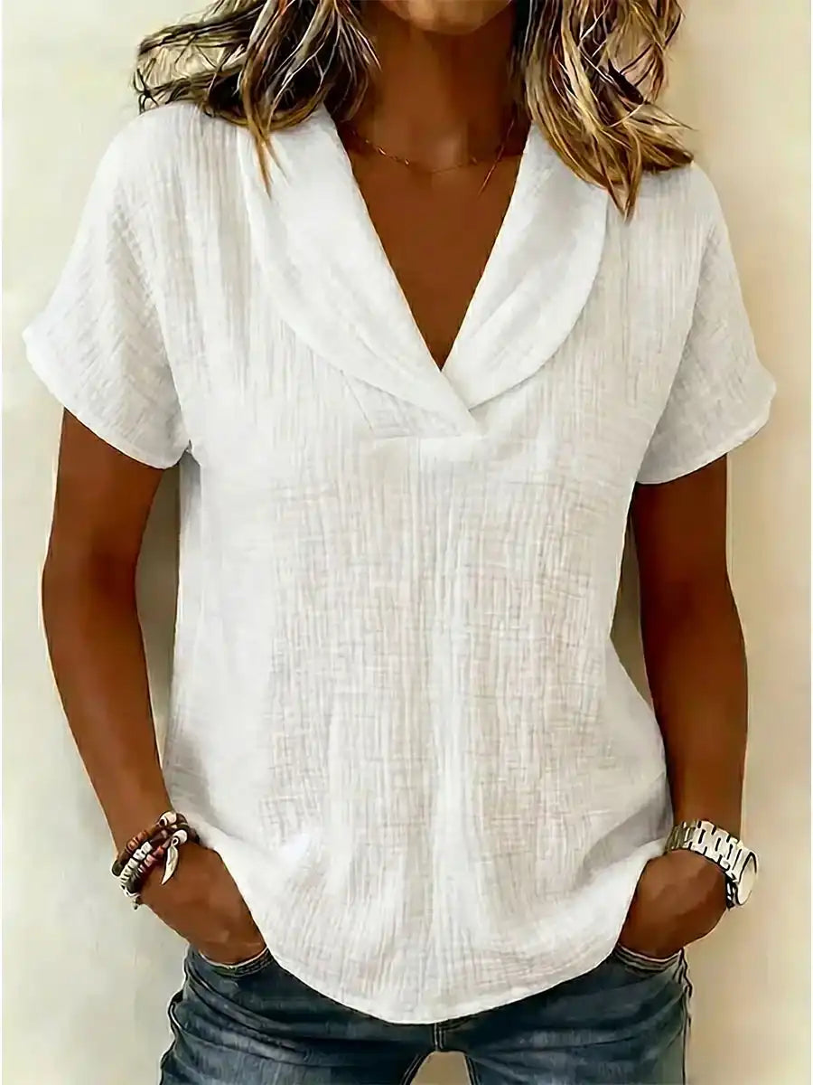 Women's Peter Pan Collar V-Neck Short-Sleeve Cotton-Linen Top