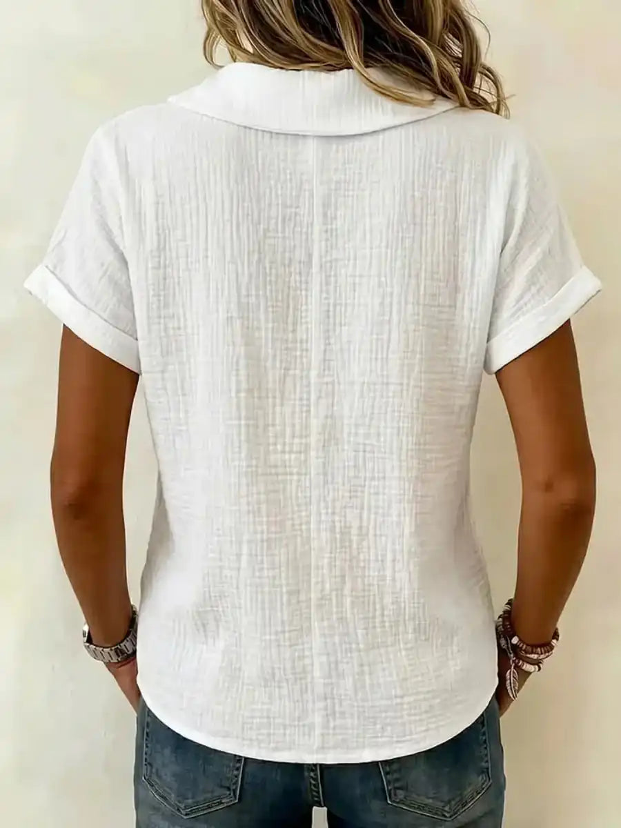 Women's Peter Pan Collar V-Neck Short-Sleeve Cotton-Linen Top