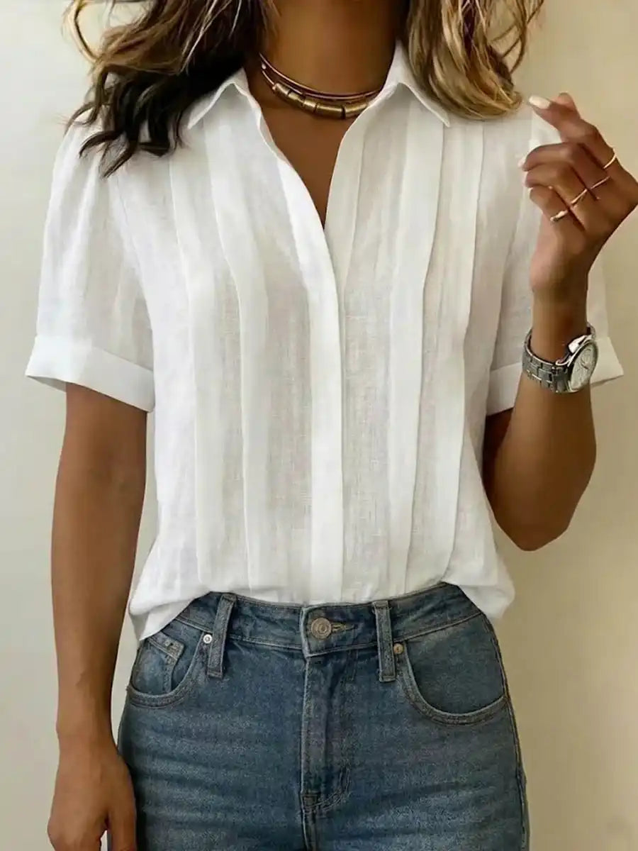 Women's Lapel Short-Sleeved Casual Loose Pleated Cotton and Linen Shirt