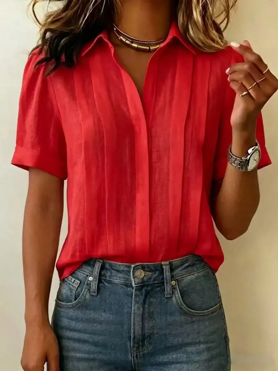 Women's Lapel Short-Sleeved Casual Loose Pleated Cotton and Linen Shirt