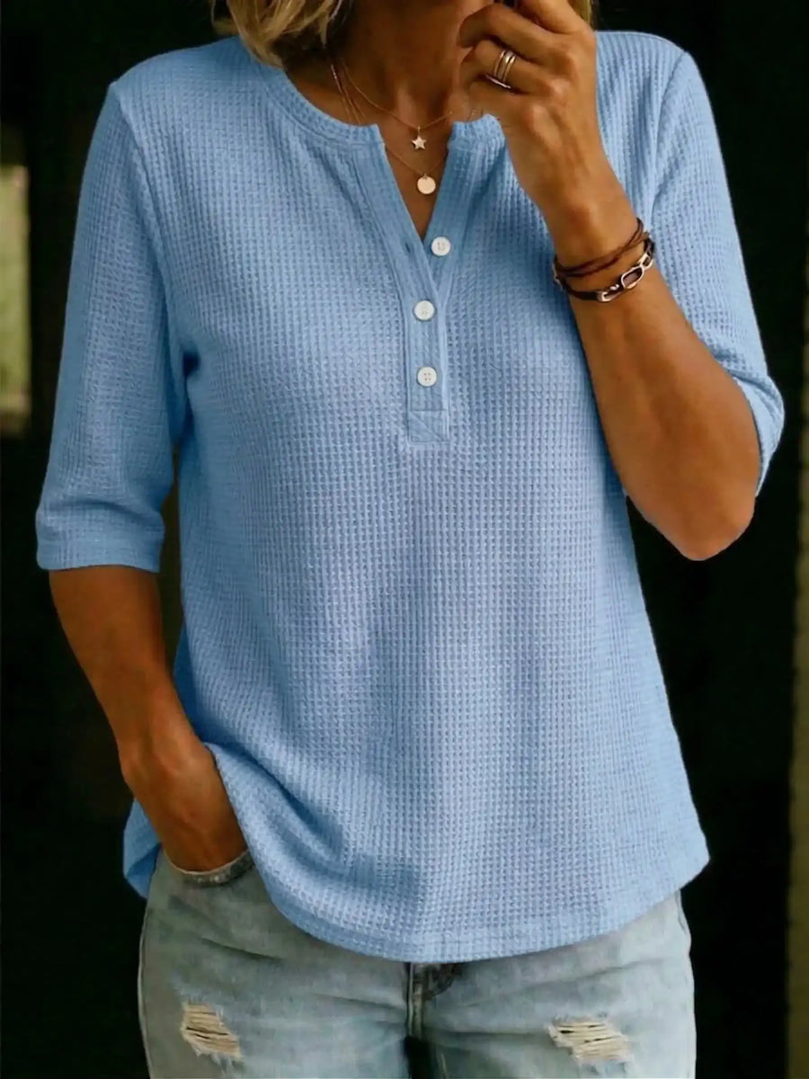 New Arrivalsđ„ Womenâs Casual Henley Waffle-knit T-shirt
