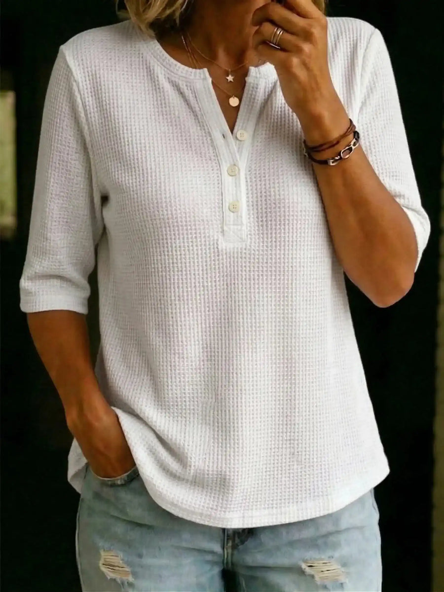 New Arrivalsđ„ Womenâs Casual Henley Waffle-knit T-shirt