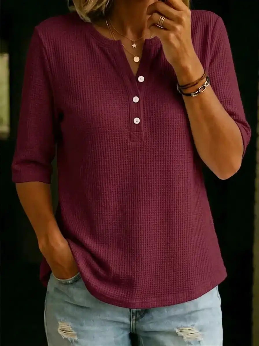 New Arrivalsđ„ Womenâs Casual Henley Waffle-knit T-shirt