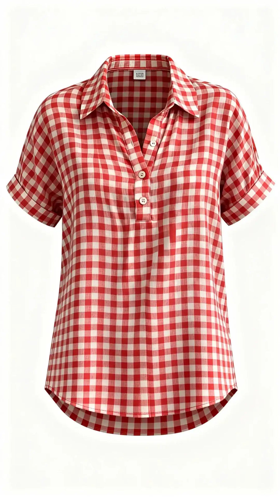 Classic Gingham Cotton-Linen V-Neck Button-Front Blouse