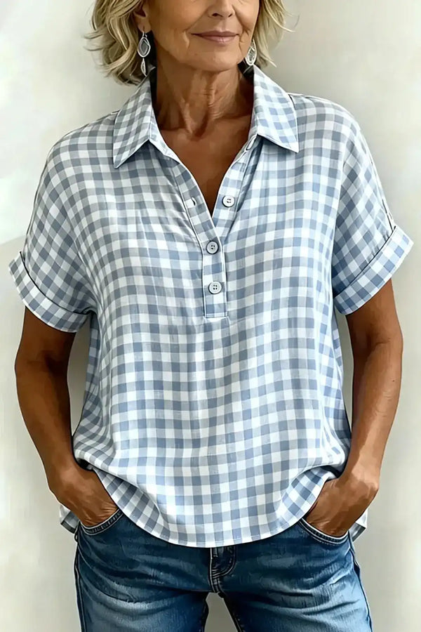 Classic Gingham Cotton-Linen V-Neck Button-Front Blouse, Grey Edition
