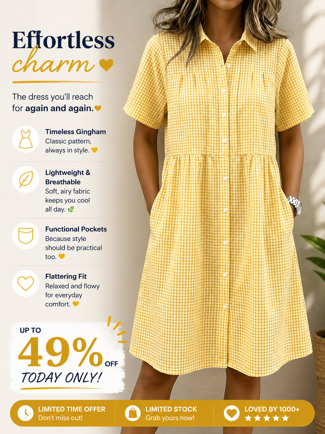 Today 49% off🔥Women’s Cotton Linen Gingham Button-Up Shirt Dress (BUY 2 GET FREE SHIPPING)