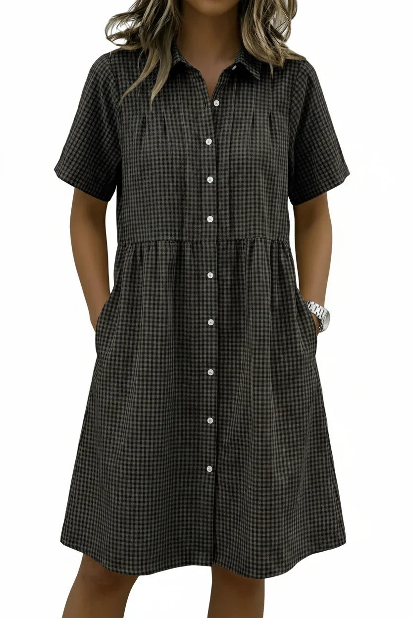 Today 49% off🔥Women’s Cotton Linen Gingham Button-Up Shirt Dress
