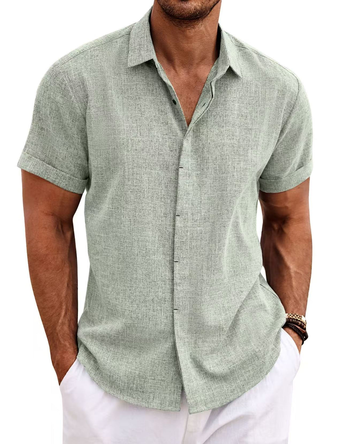 Men's Casual Short Sleeve Cotton Linen Shirt - Summer Beach Button-Down Shirt
