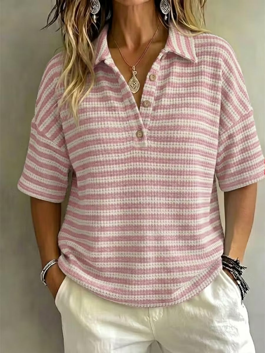 CLEARANCE SALE 49% off Women'S Fashion Striped Waffle Short-Sleeved Polo Shirt