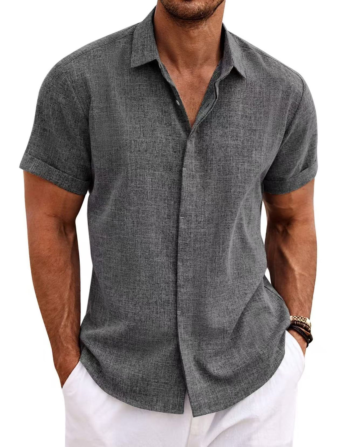 Men's Casual Short Sleeve Cotton Linen Shirt - Summer Beach Button-Down Shirt