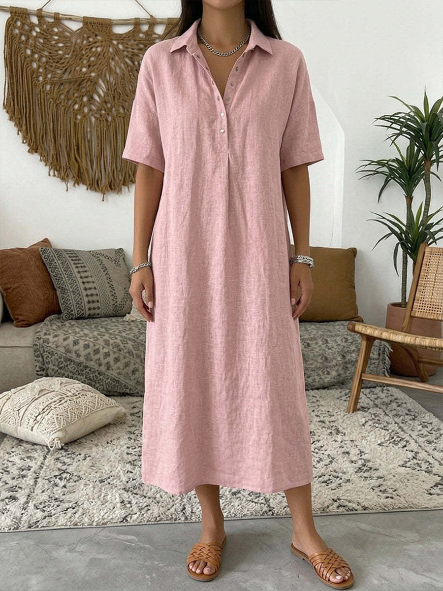 Half Sleeves High Waisted Buttoned Pleated Solid Color Lapel Midi Dresses