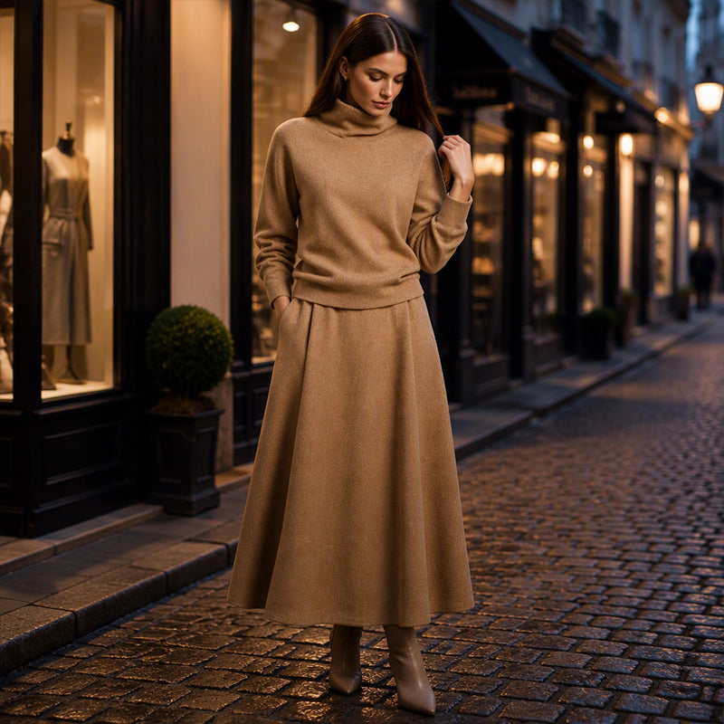 ✨ Effortless Coordination | Women’s Turtleneck Top & Maxi Skirt 2-Piece Se