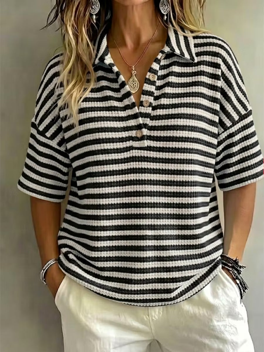 CLEARANCE SALE 49% off Women'S Fashion Striped Waffle Short-Sleeved Polo Shirt