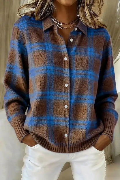 Women's Plaid Print Casual Cotton Buttoned Cardigan Sweater
