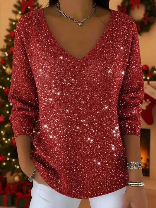 🎄 CLEARANCE SALE🔥 Women's V-neck Solid Color Loose Shiny Sweater