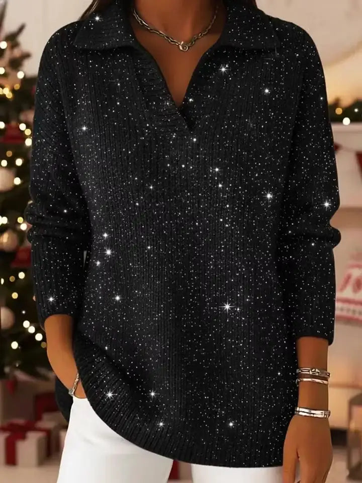 🎄 New Arrivals🔥 Christmas Party Polo Collar Shiny Loose Sweater Top