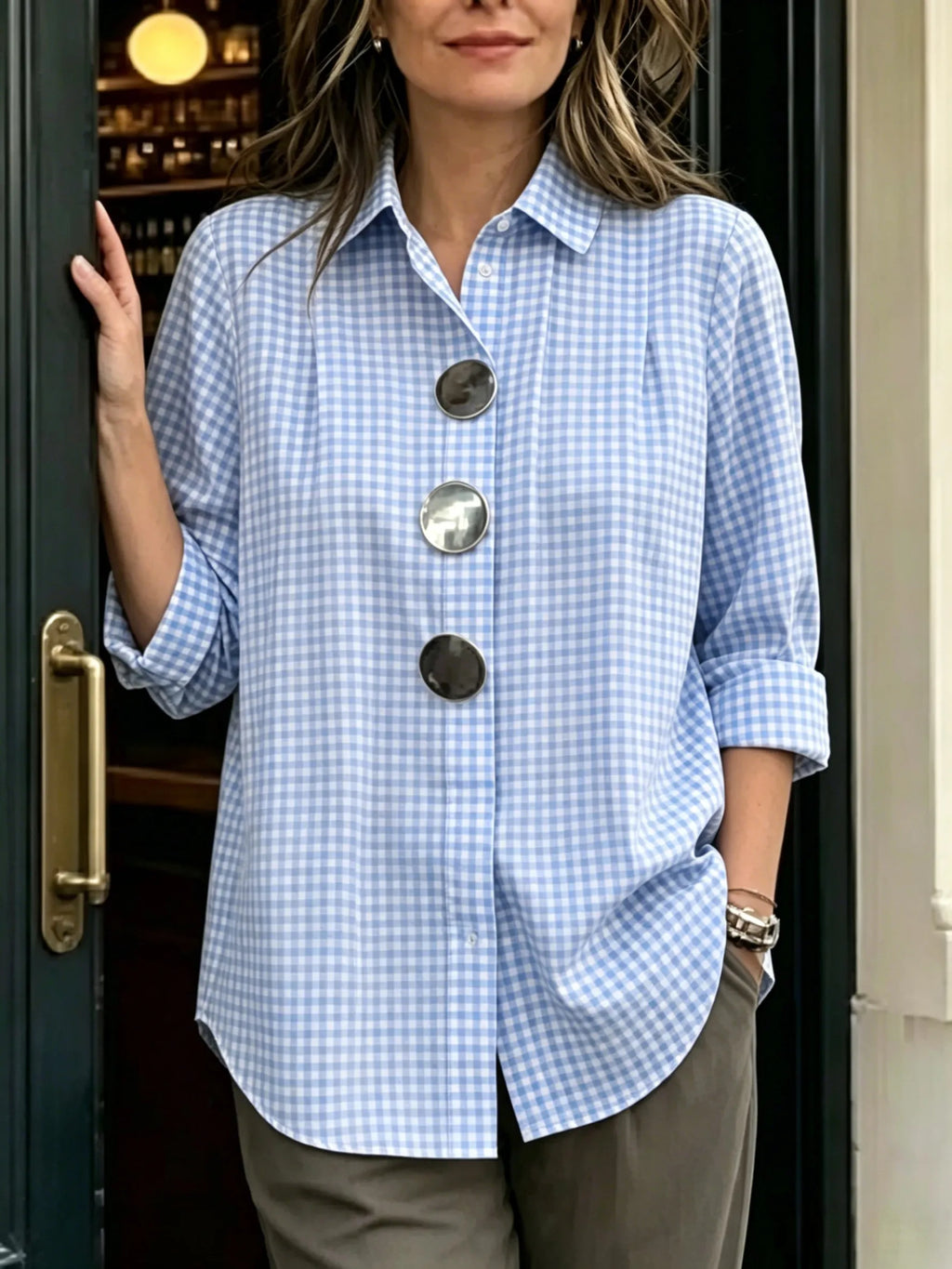 Limited-Time Offer: 49% OFF🔥 Women's Statement Button Gingham Pintuck Blouse
