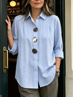 Limited-Time Offer: 49% OFF🔥 Women's Statement Button Gingham Pintuck Blouse