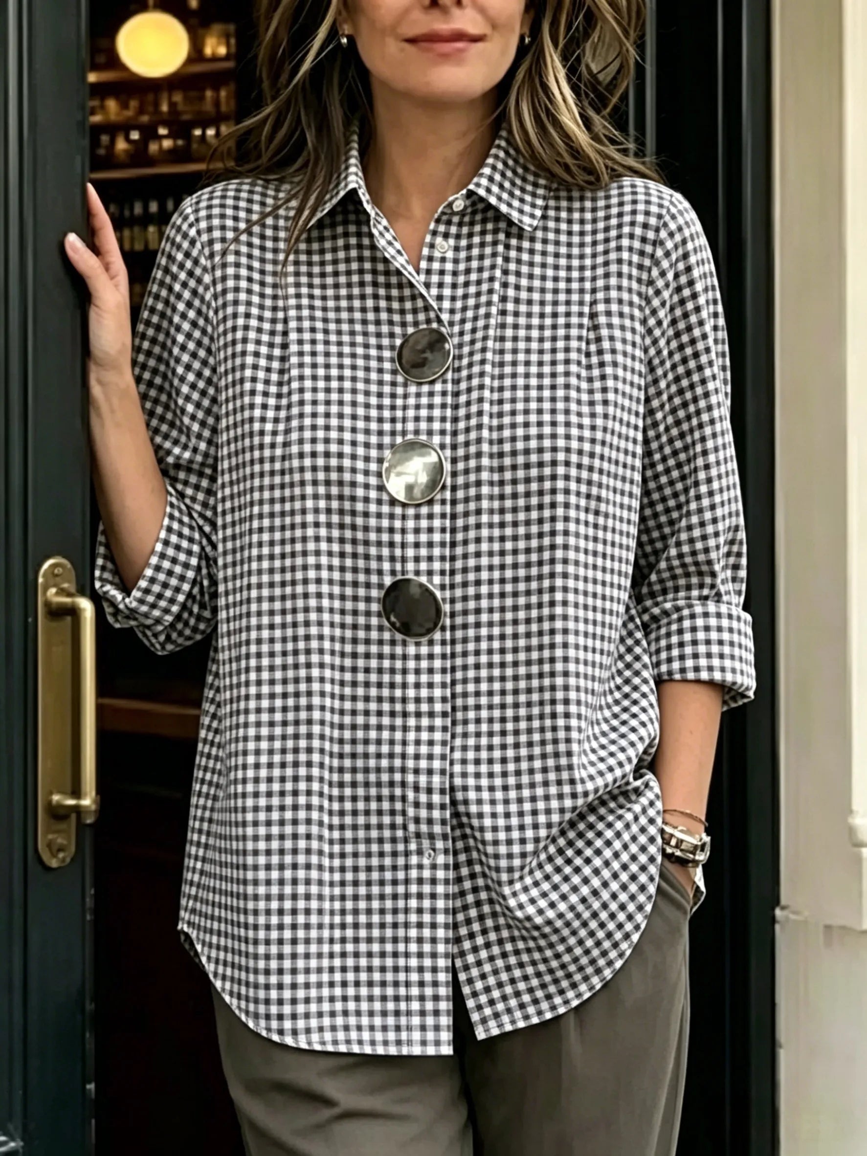 Limited-Time Offer: 49% OFF🔥 Women's Statement Button Gingham Pintuck Blouse