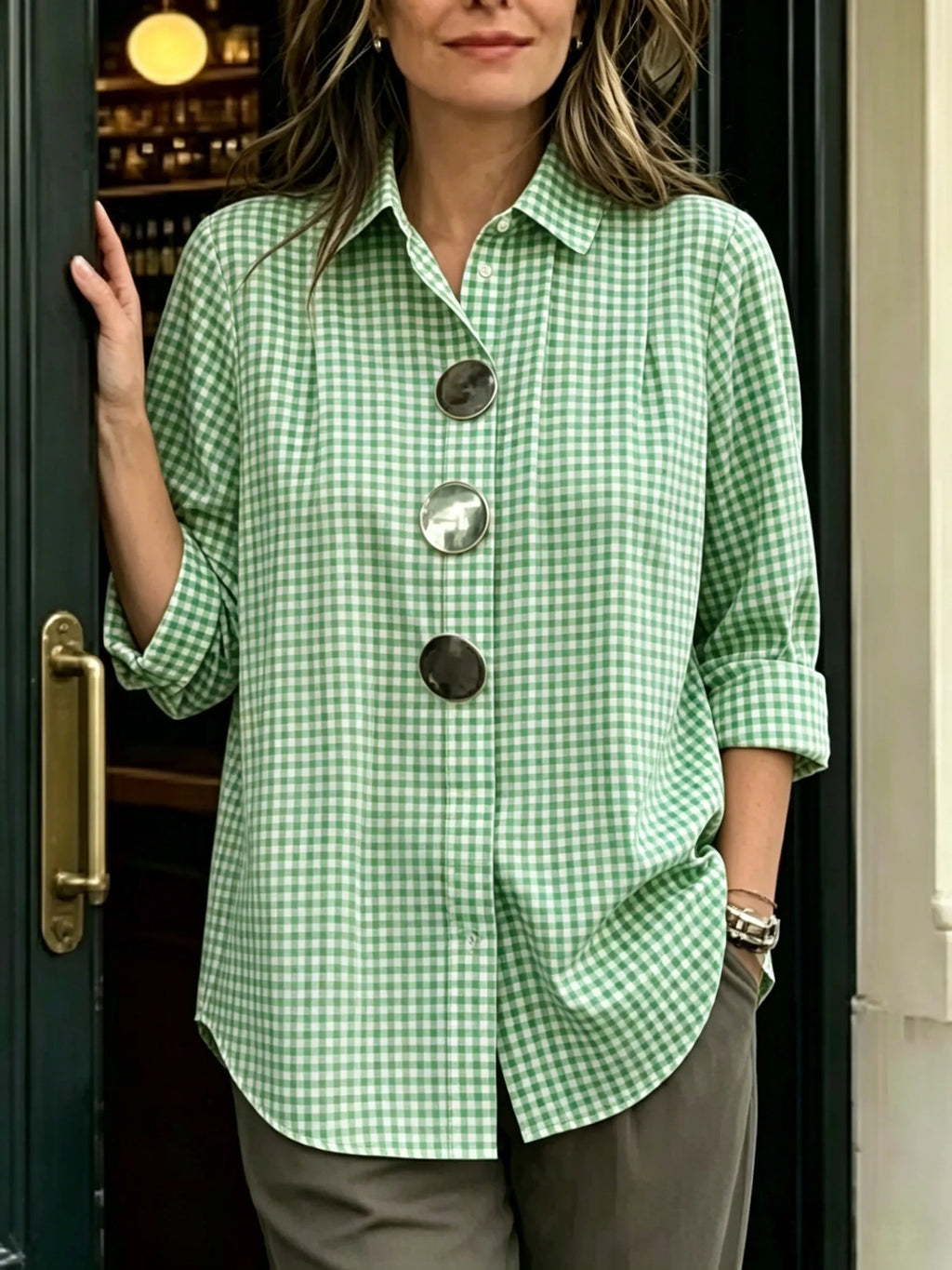 Limited-Time Offer: 49% OFF🔥 Women's Statement Button Gingham Pintuck Blouse