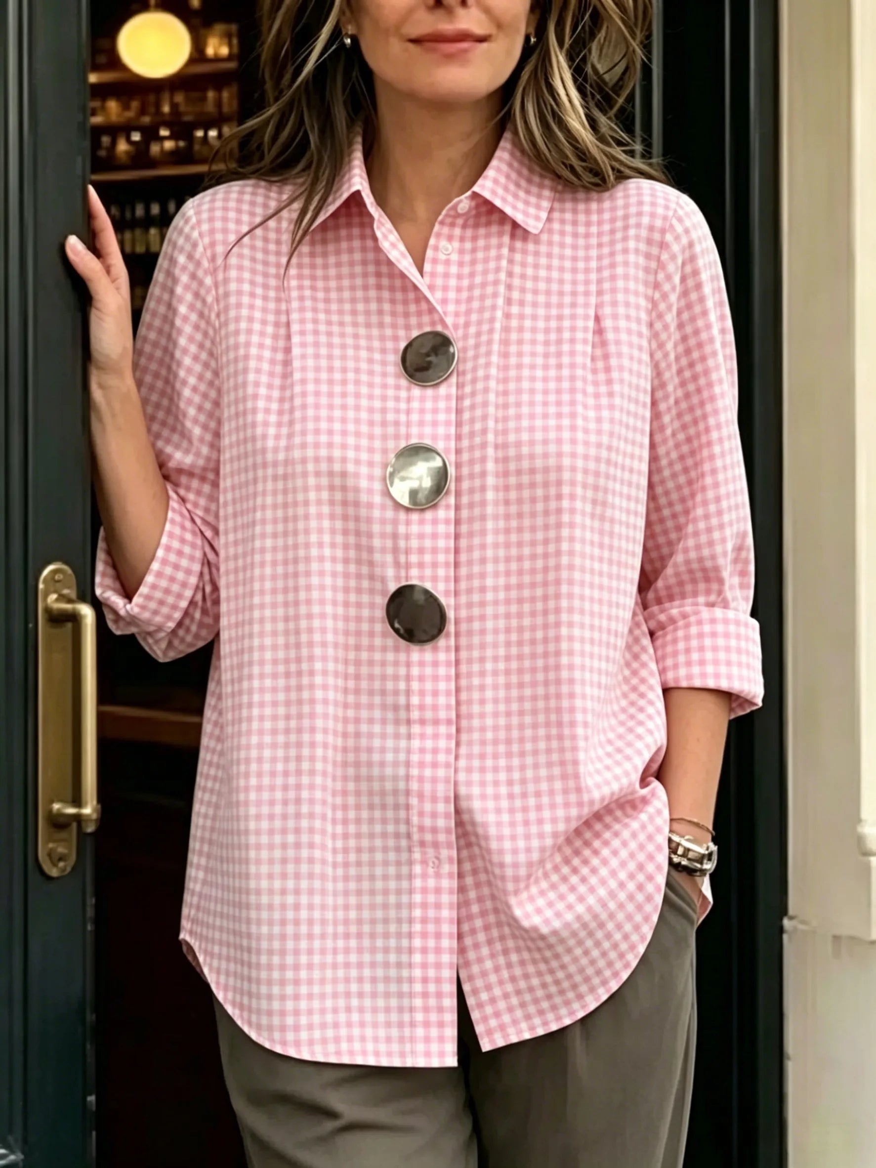 Limited-Time Offer: 49% OFF🔥 Women's Statement Button Gingham Pintuck Blouse