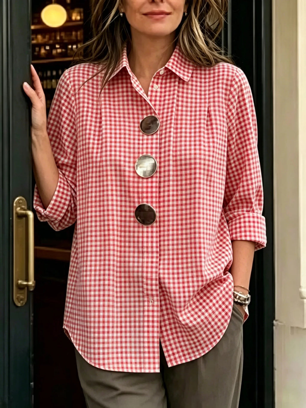 Limited-Time Offer: 49% OFF🔥 Women's Statement Button Gingham Pintuck Blouse