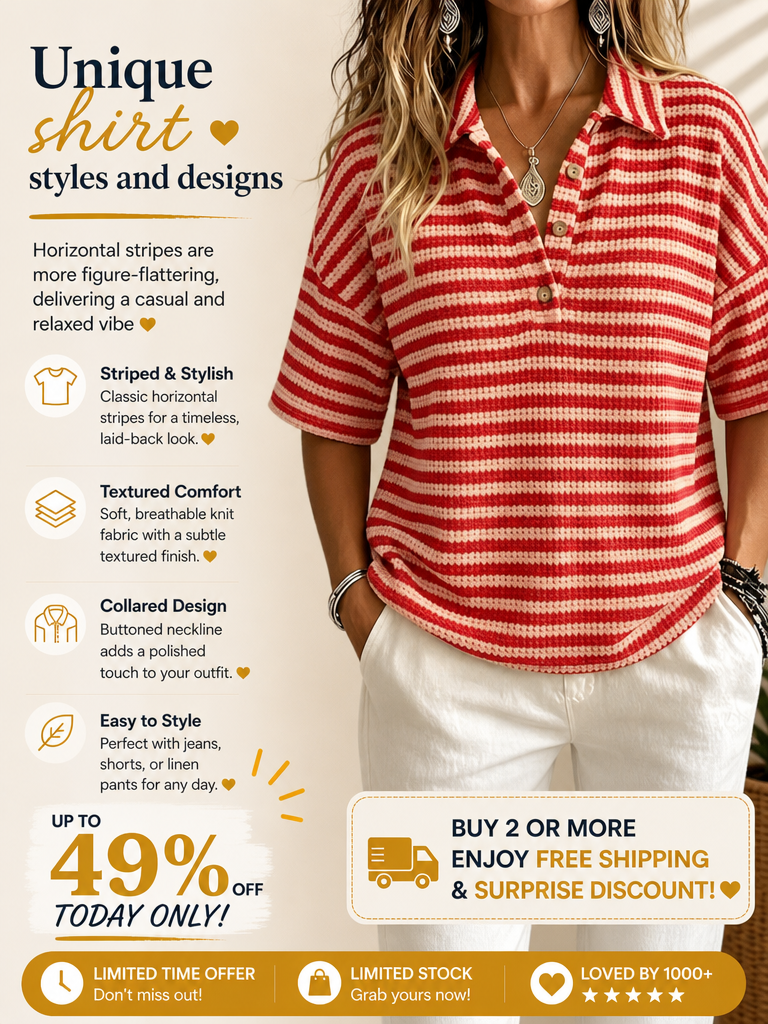 CLEARANCE SALE 49% off Women'S Fashion Striped Waffle Short-Sleeved Polo Shirt