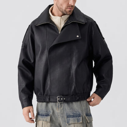 Men's Heavyweight Fleece-Lined Faux Leather Motorcycle Jacket KDKJ562-1